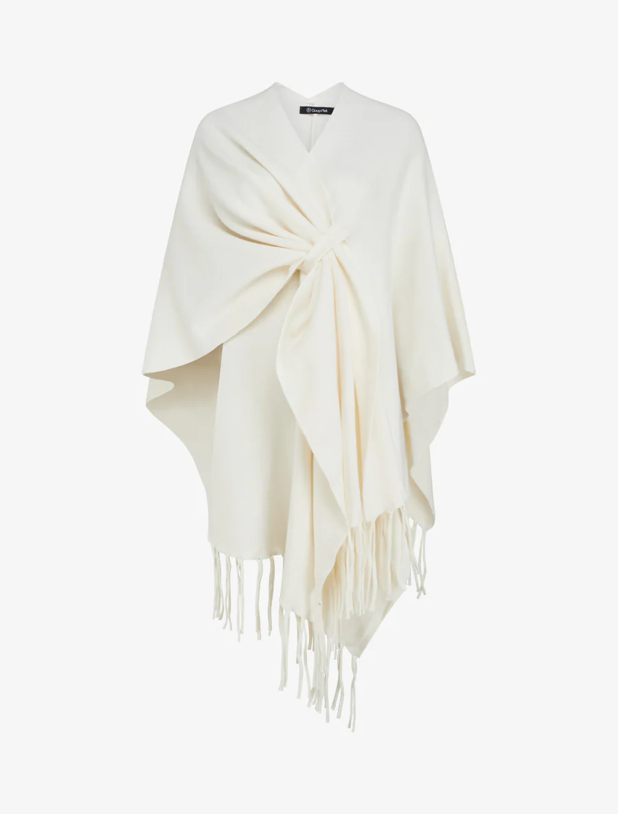 Lange effen poncho met franjes - Ecru