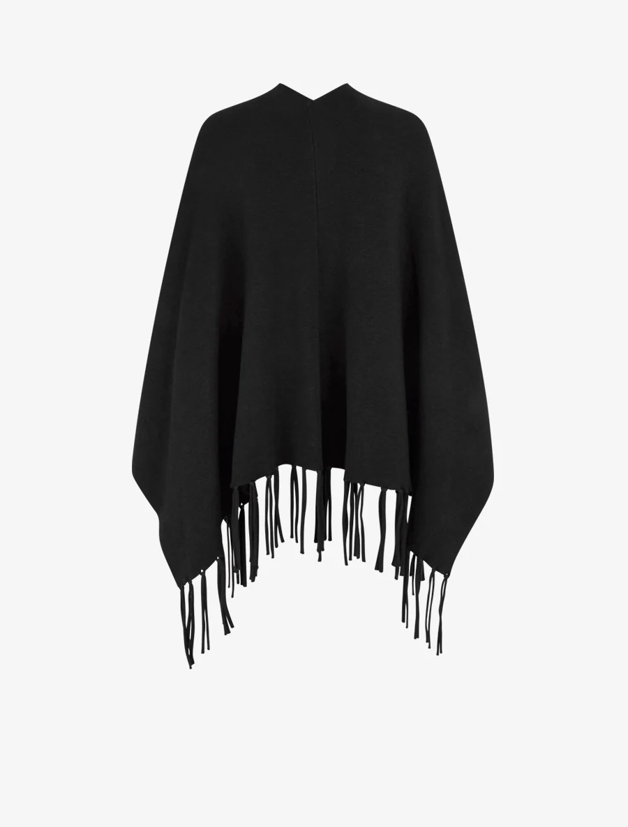 Lange effen poncho met franjes - Zwart - Image 2