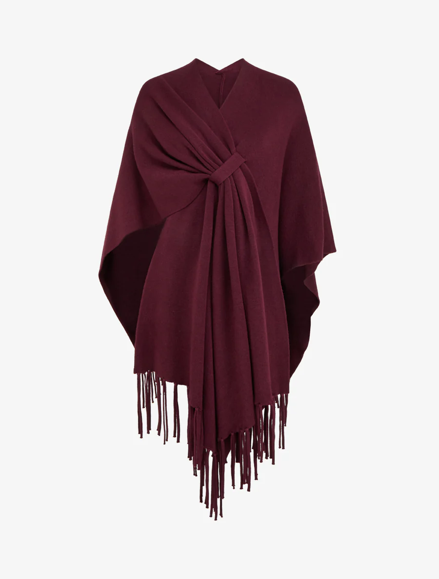 Lange effen poncho met franjes - Pruim