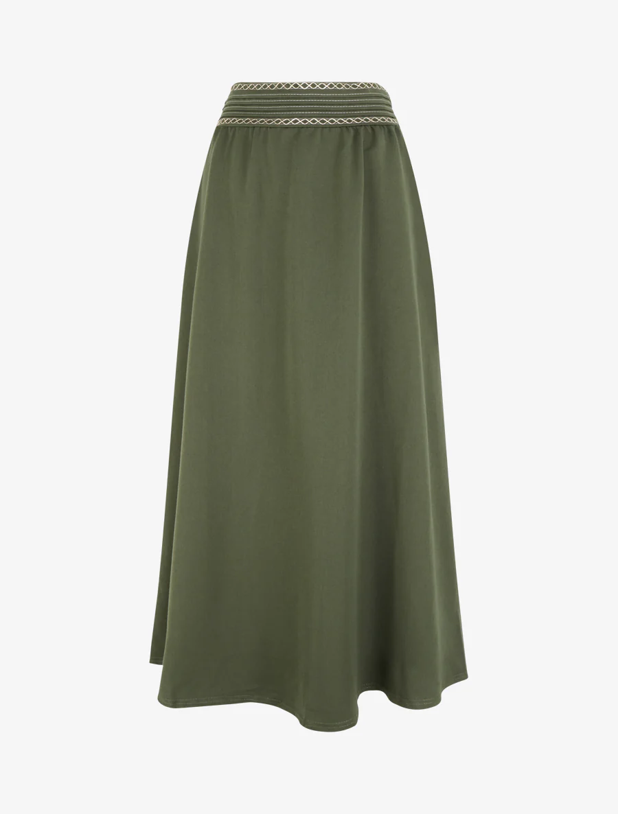 Lange effen rok met geborduurd detail - Kaki