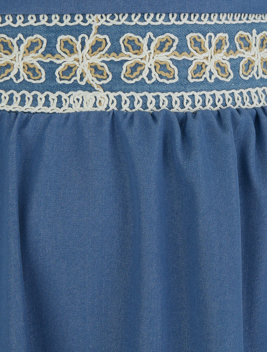 Lange effen rok met geborduurde band. - Blauw - Image 3
