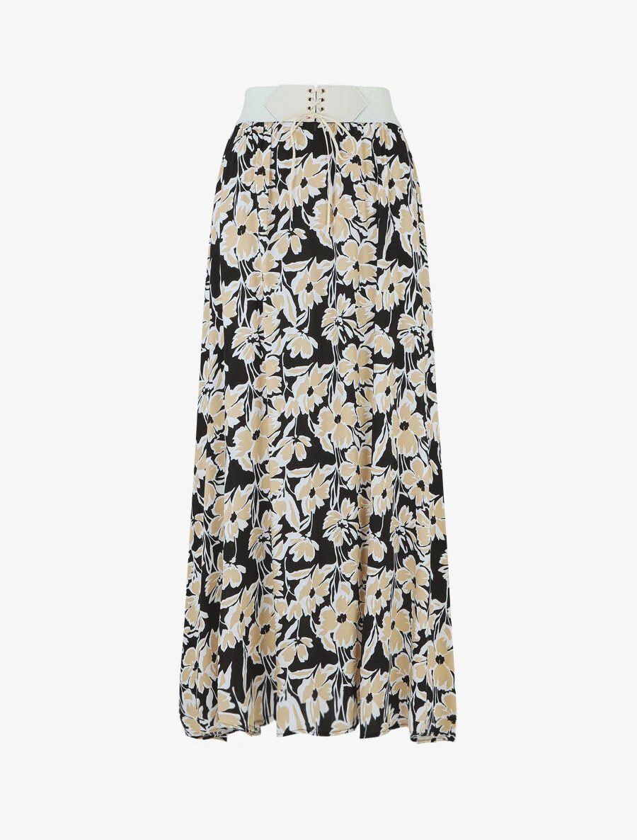 Lange elastische rok bloemenprint - zwart
