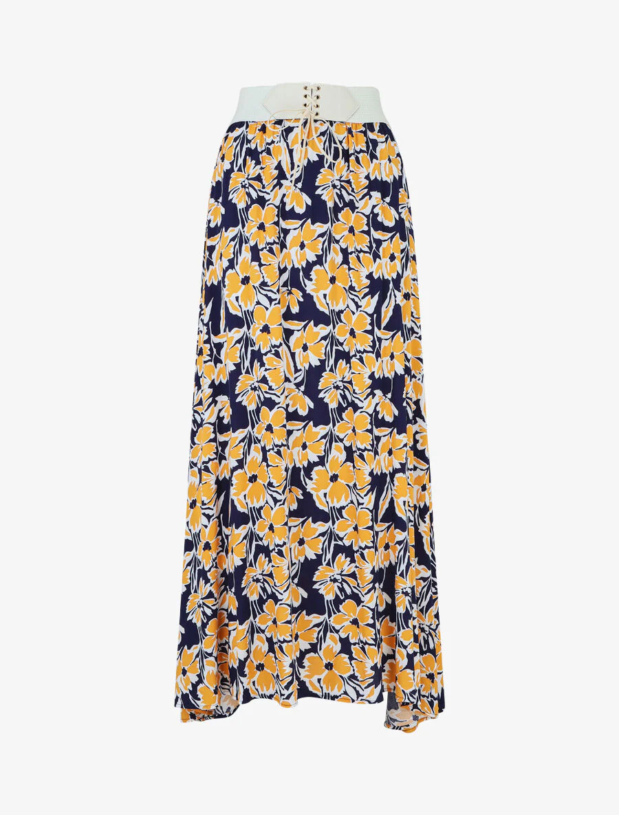 Lange elastische rok bloemenprint - Marineblauw