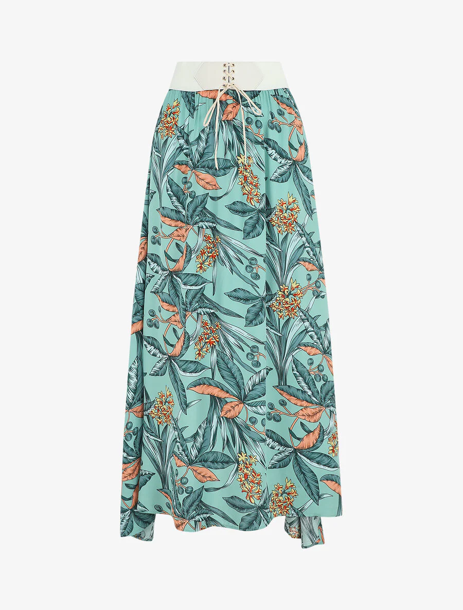 Lange elastische rok tropische print - watergroen