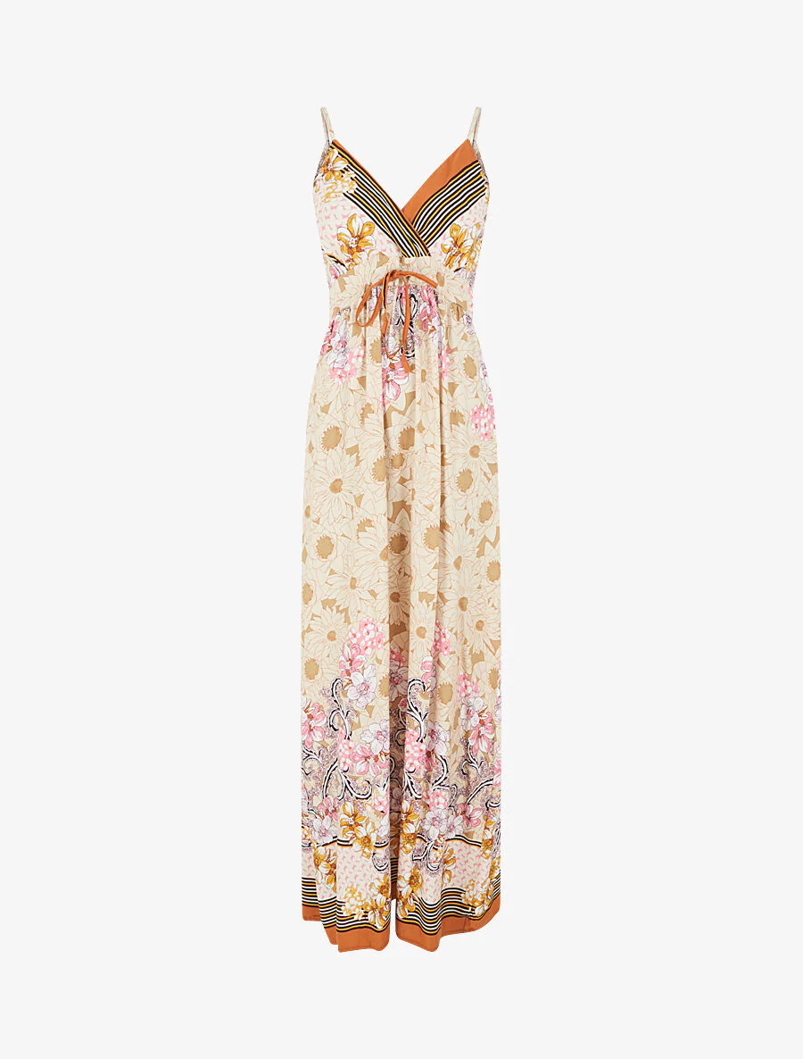 Lange empire jurk met bandjes met bloemenprint - Beige