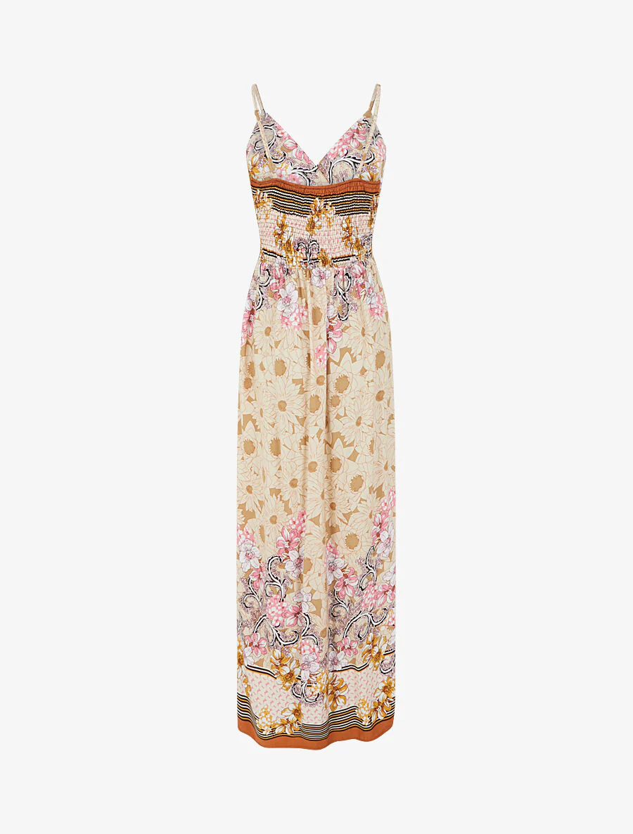 Lange empire jurk met bandjes met bloemenprint - Beige - Image 2