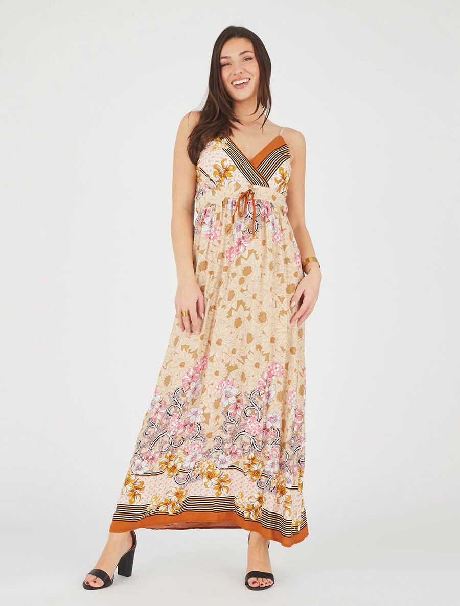 Lange empire jurk met bandjes met bloemenprint - Beige - Image 4