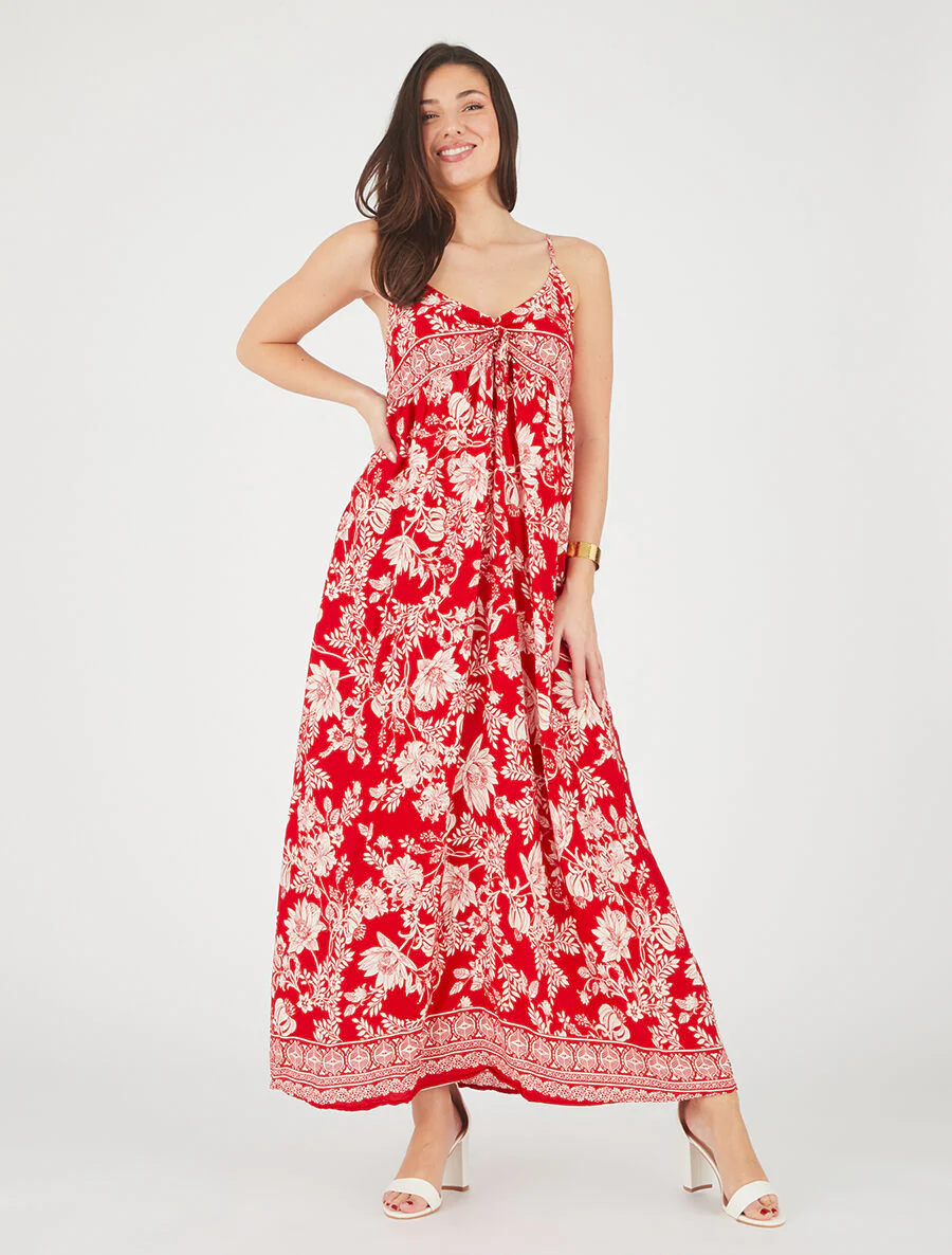 Lange empire jurk met bandjes met bloemenprint - Rood - Image 4