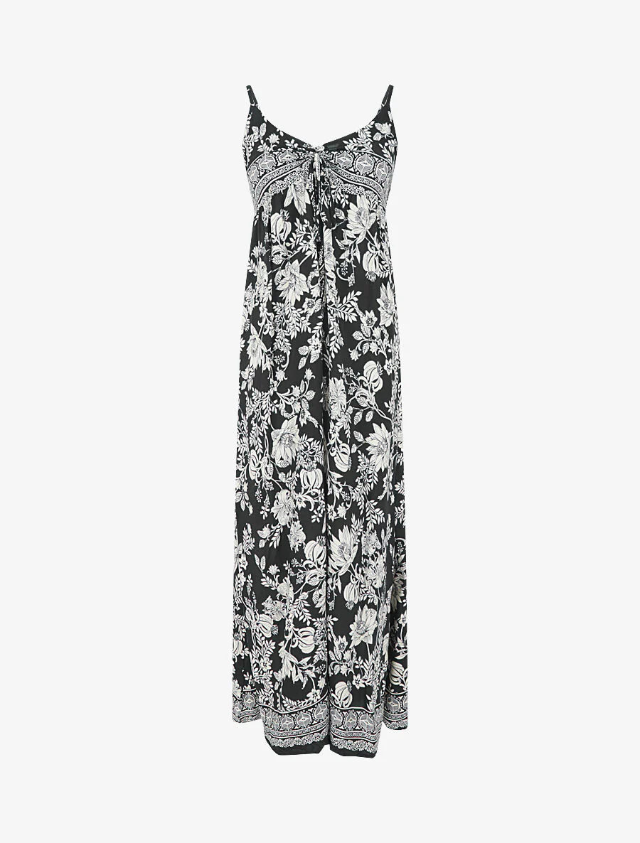 Lange empire jurk met bandjes met bloemenprint - zwart