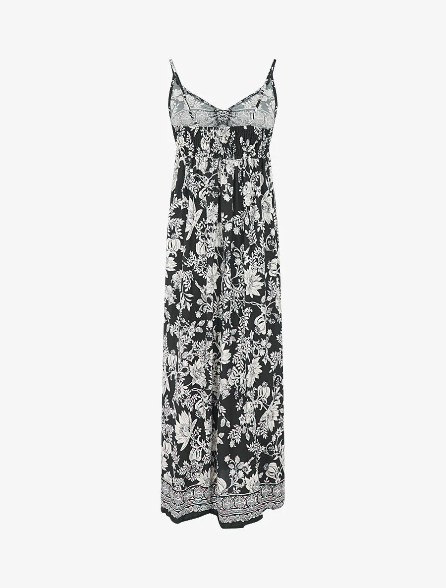 Lange empire jurk met bandjes met bloemenprint - zwart - Image 2