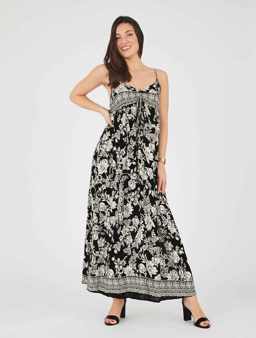 Lange empire jurk met bandjes met bloemenprint - zwart - Image 4