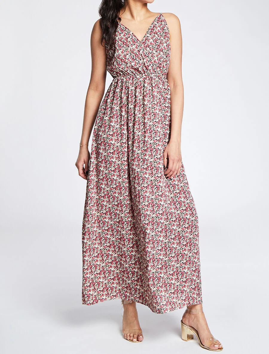 Lange Empire-jurk met bloemenprint en dunne bandjes - Zwart - Image 4