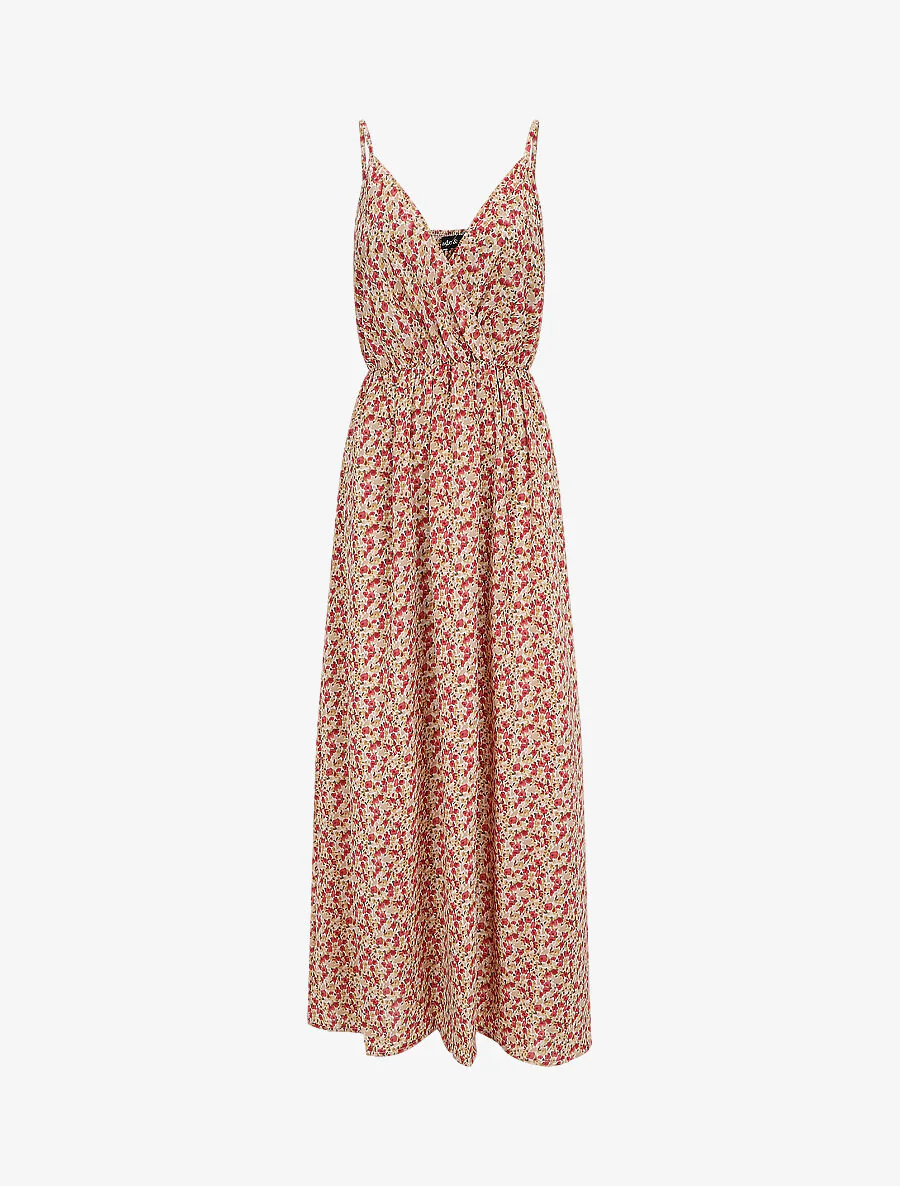 Lange Empire-jurk met bloemenprint en dunne bandjes - beige
