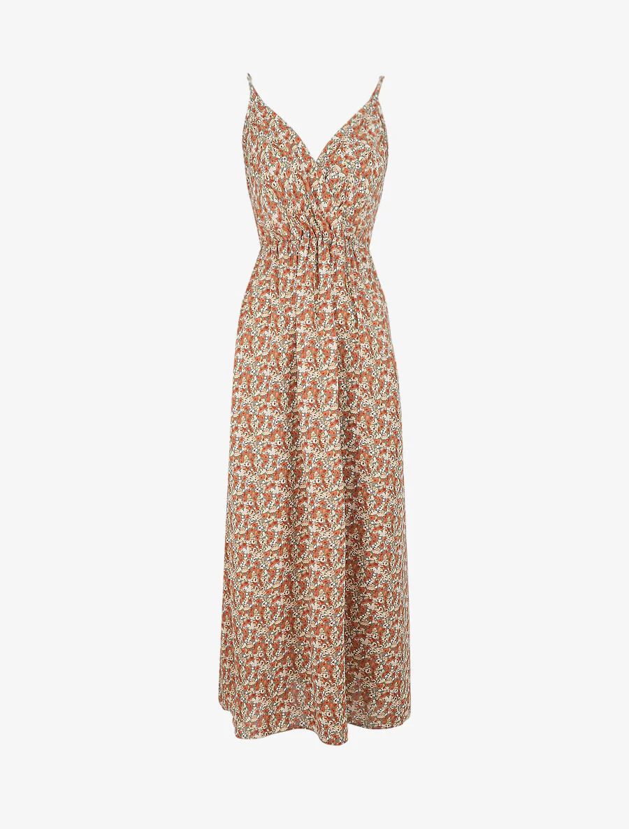Lange Empire-jurk met bloemenprint en dunne bandjes - Olijfgroen