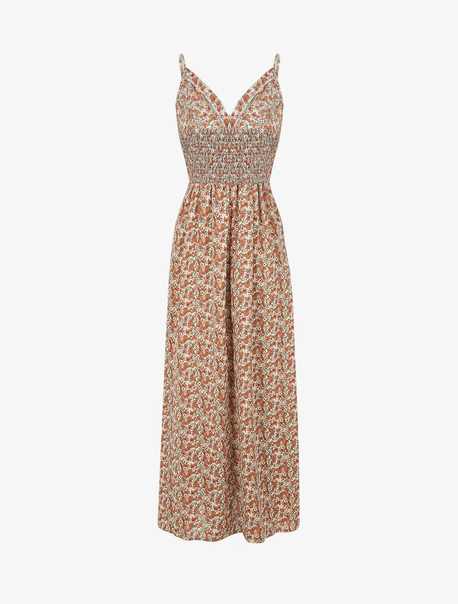 Lange Empire-jurk met bloemenprint en dunne bandjes - Olijfgroen - Image 2
