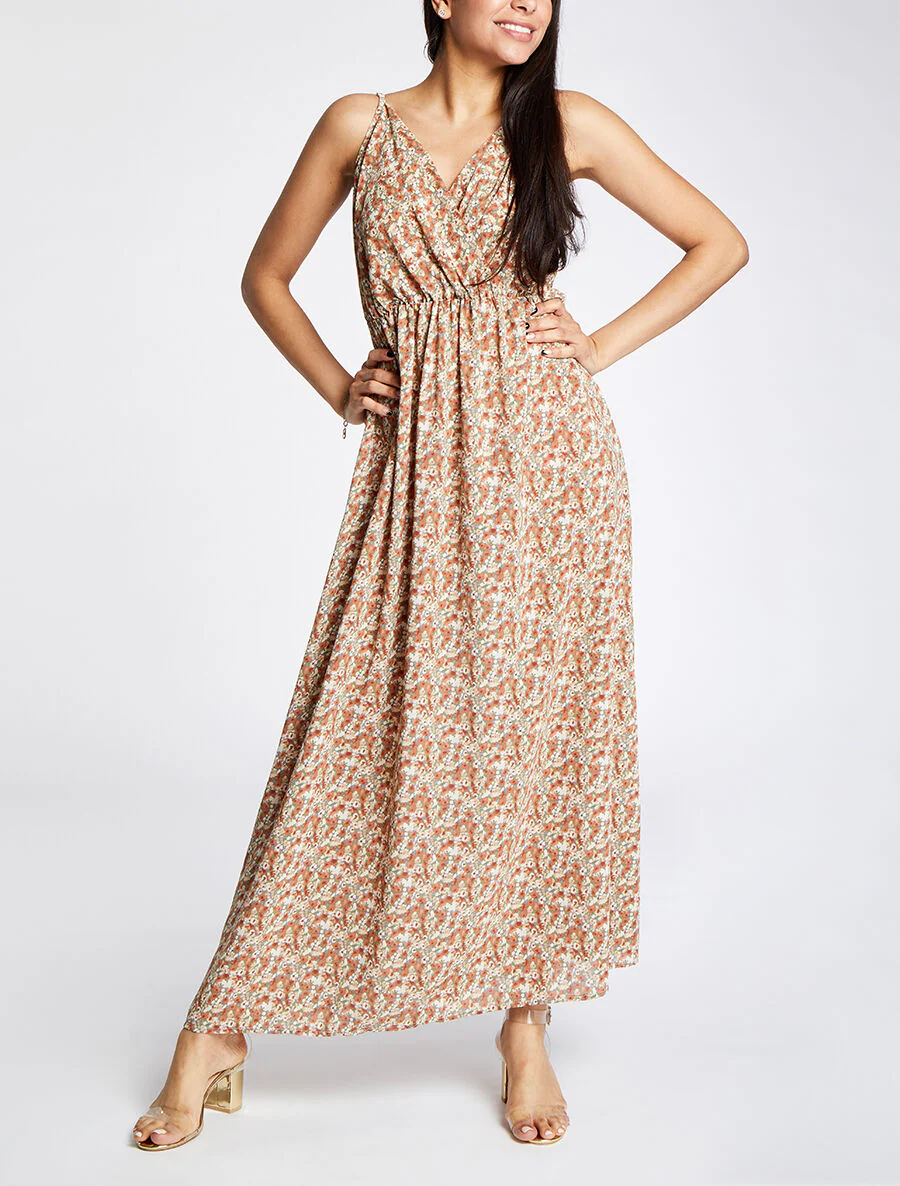 Lange Empire-jurk met bloemenprint en dunne bandjes - Olijfgroen - Image 4