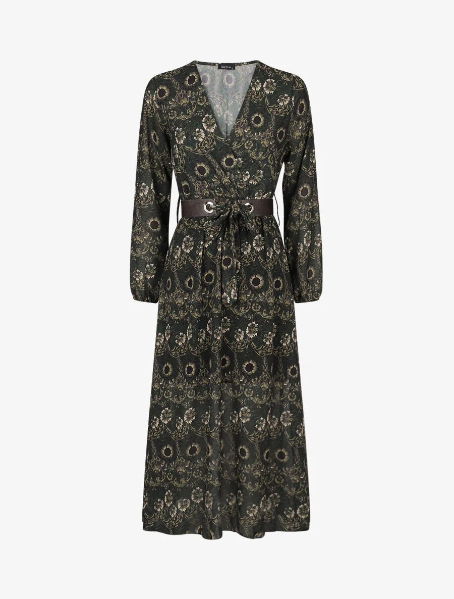 Lange empire jurk met sierlijke bloemenprint - donkergroen