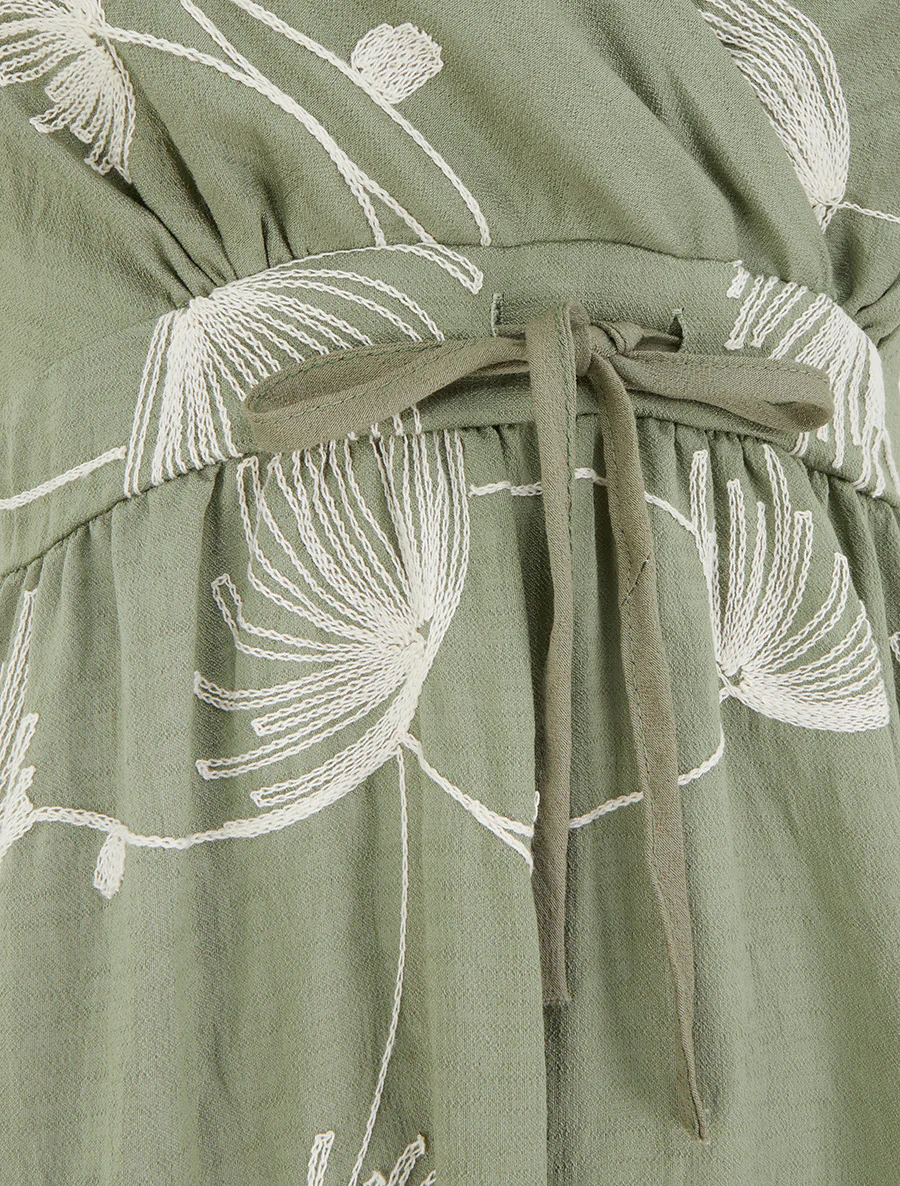 Lange empirejurk met plantaardige borduursels - Kaki - Image 3