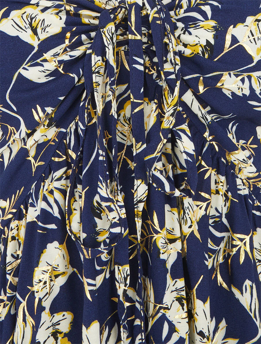 Lange uitlopende jurk met iriserende bloemenprint en bandjes - Marineblauw - Image 3