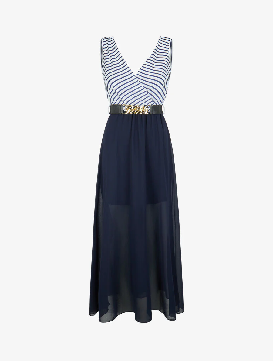 Lange uitlopende jurk met strepen - Marineblauw