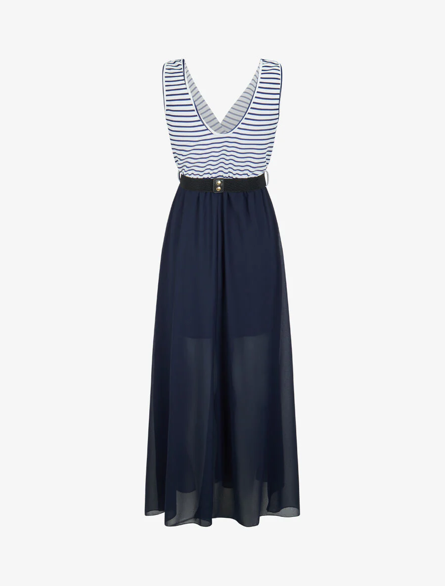 Lange uitlopende jurk met strepen - Marineblauw - Image 2
