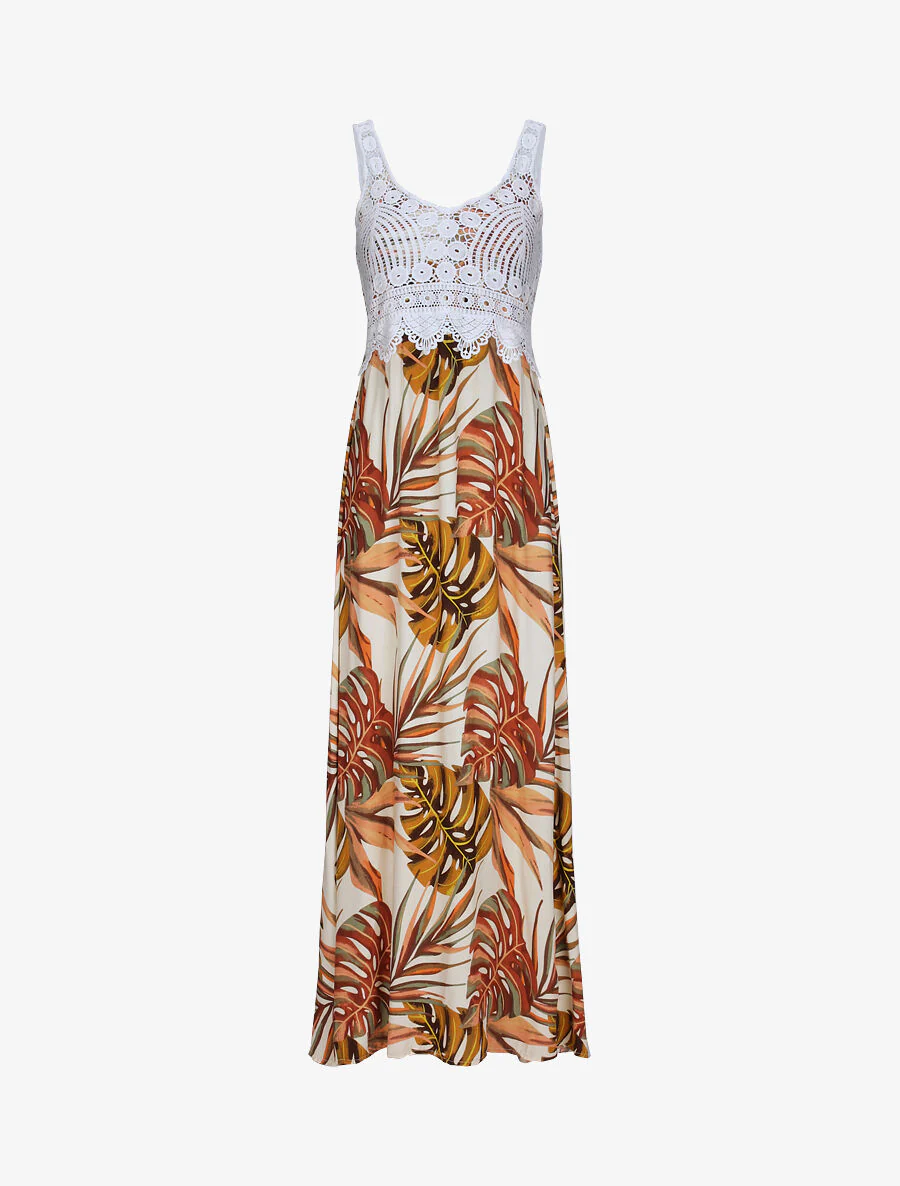 Lange exotische bladeren print jurk met haak - Beige