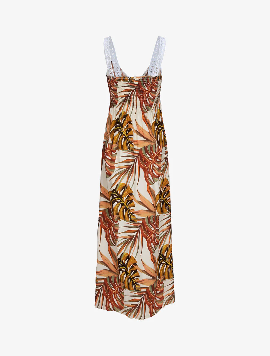 Lange exotische bladeren print jurk met haak - Beige - Image 2