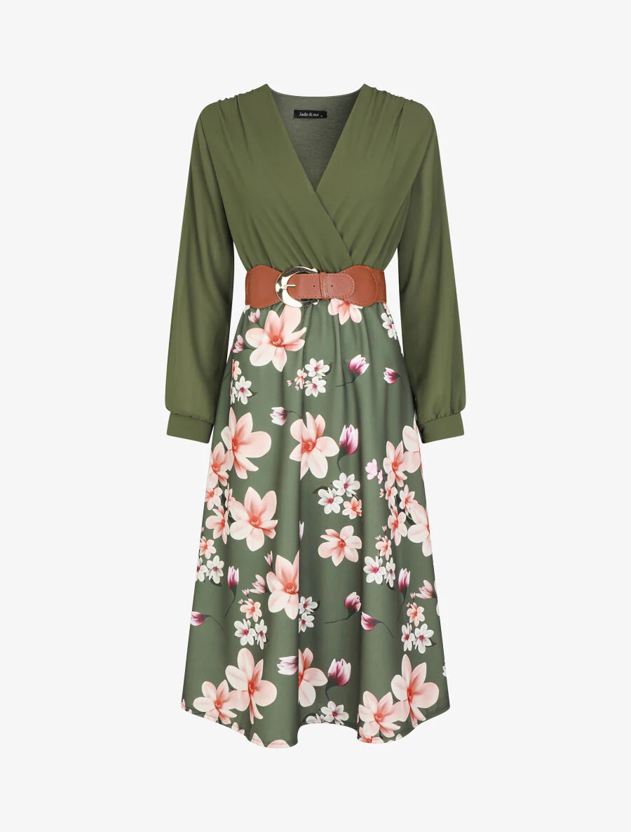 Lange gebloemde jurk met wikkelhals - Khaki