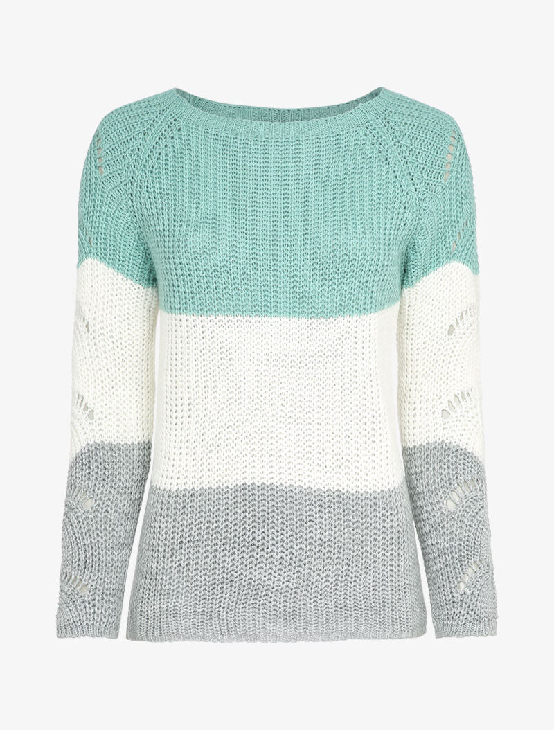 Lange gebreide trui met kleurblok - Turkoois blauw