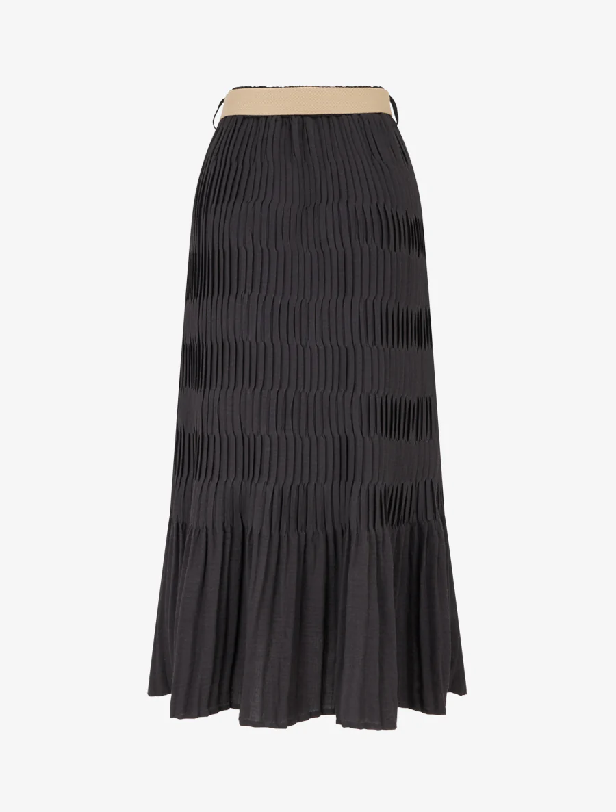 Lange geplooide rok met elastische tailleband - Zwart - Image 2