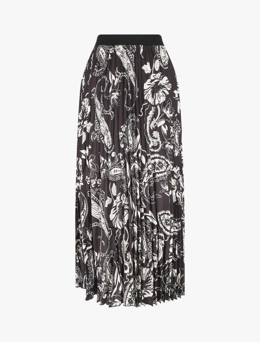 Lange geplooide rok met sjaalprint - Zwart