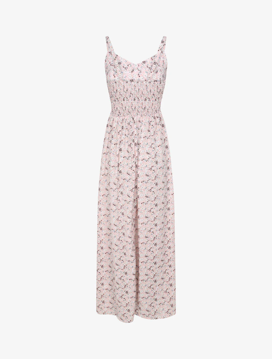 Lange geprinte jurk met kleine bloemen en decoratieve knoppen - Roze - Image 2