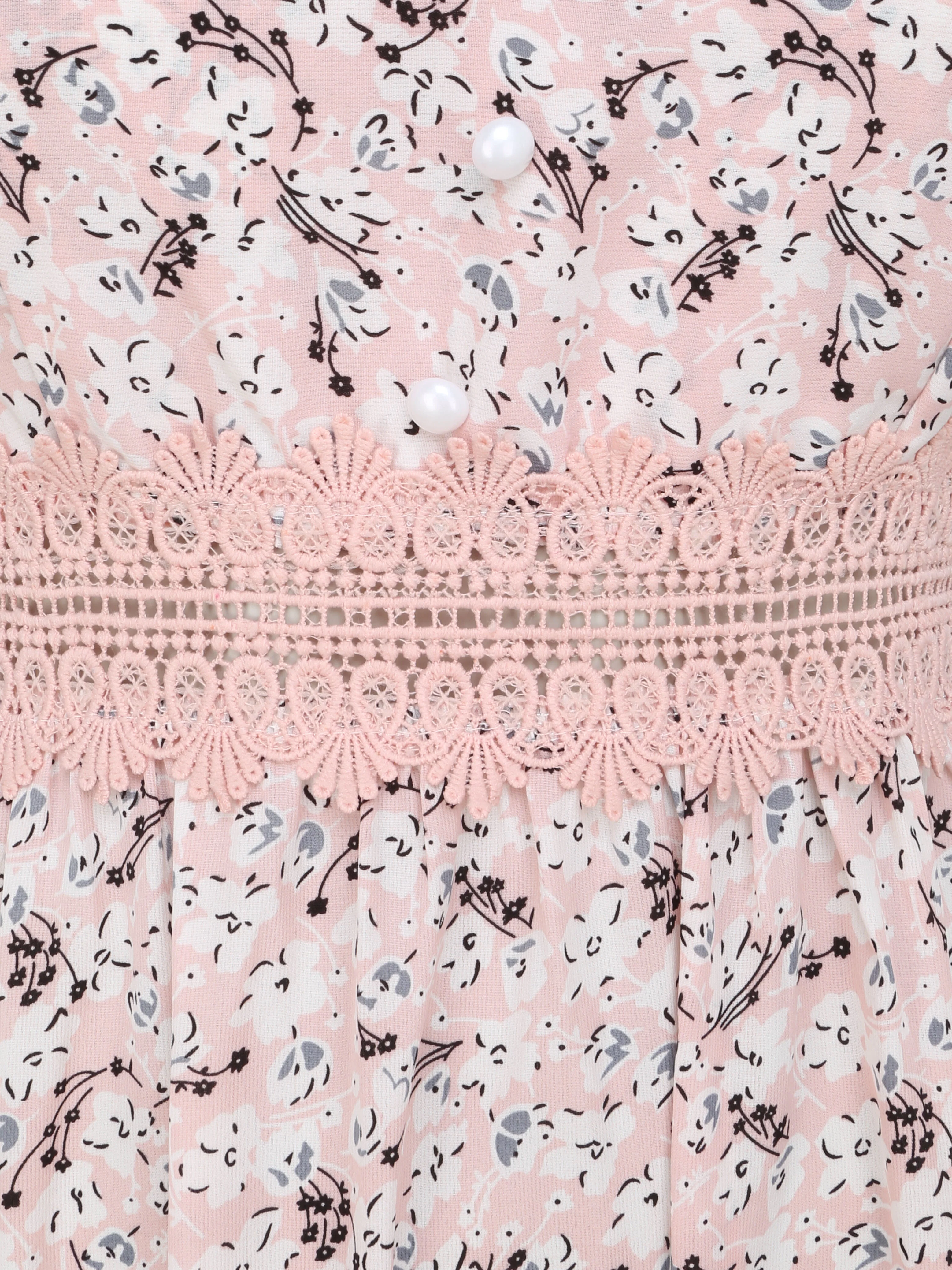 Lange geprinte jurk met kleine bloemen en decoratieve knoppen - Roze - Image 3