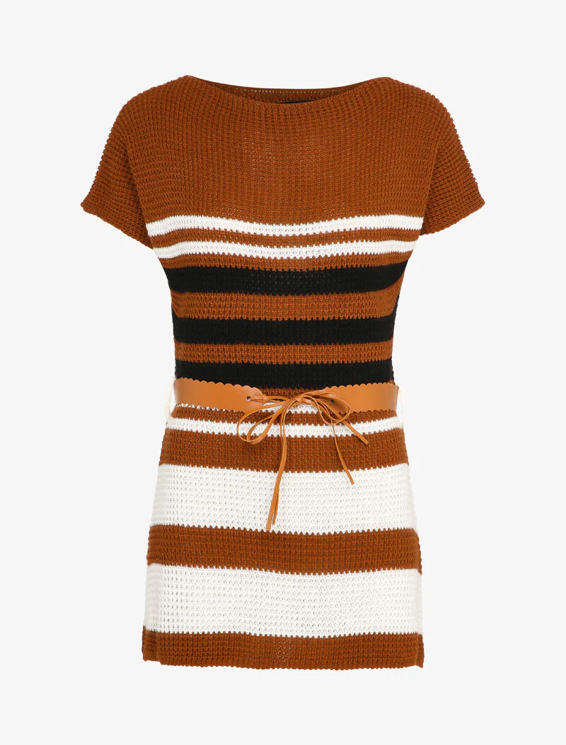 Gestreepte lange trui met contrasterende riem - Camel