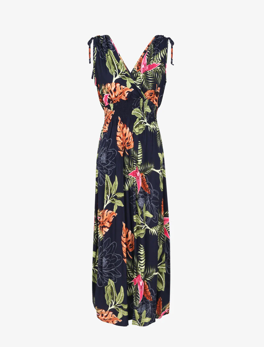 Lange getailleerde jurk met grote tropische bloemenprint - Marine