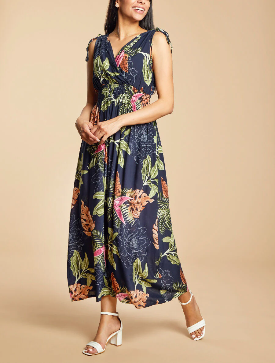 Lange getailleerde jurk met grote tropische bloemenprint - Marine - Image 4
