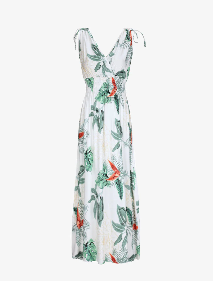 Lange getailleerde jurk met grote tropische bloemenprint - Wit