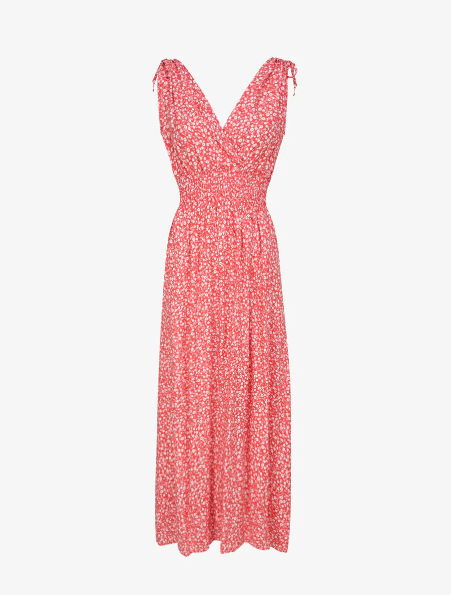 Lange getailleerde jurk met kleine bloemenprint - Rood