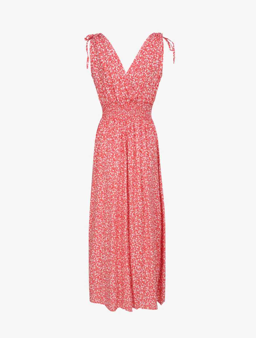 Lange getailleerde jurk met kleine bloemenprint - Rood - Image 2