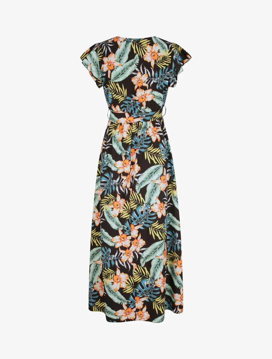Lange getailleerde jurk met tropische orchideeënprint - Zwart - Image 2