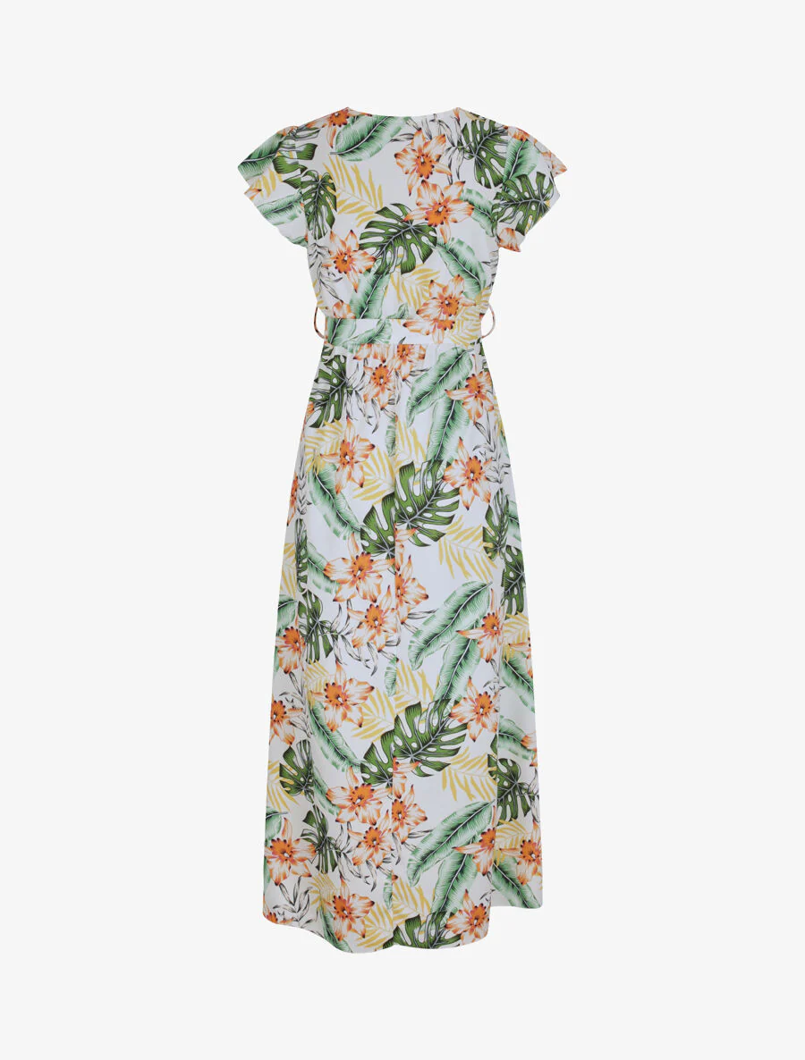 Lange getailleerde jurk met tropische orchideeënprint - Wit - Image 2