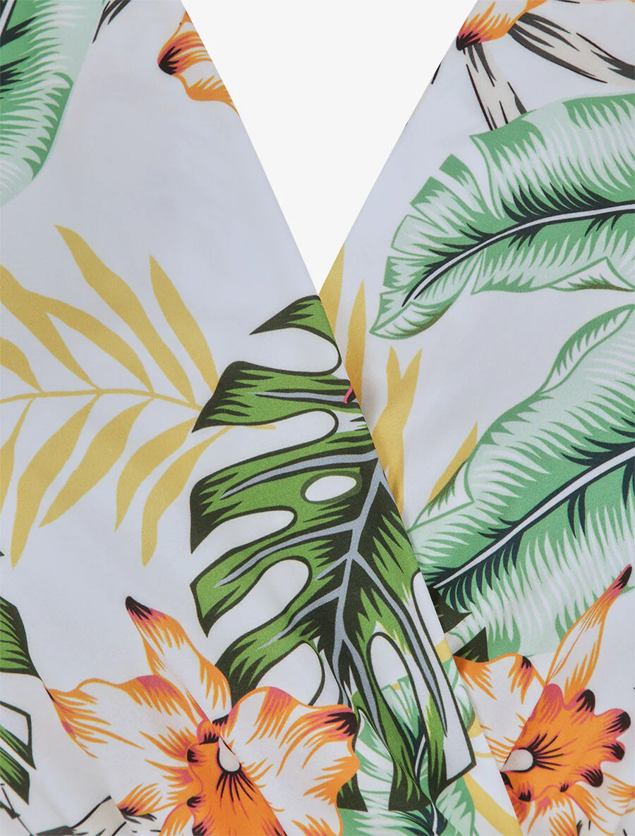 Lange getailleerde jurk met tropische orchideeënprint - Wit - Image 3