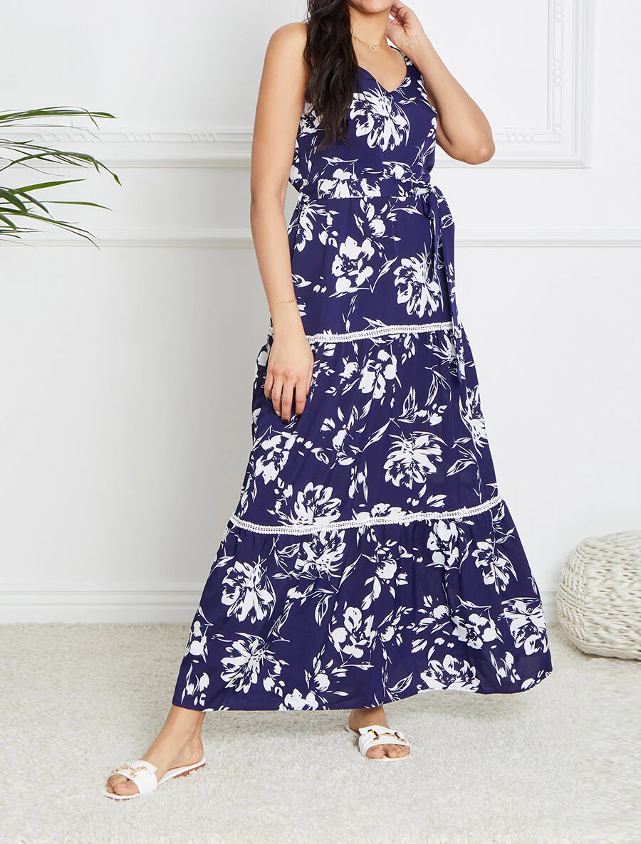 Lange glijdende bloemenprint met contrasterende bloemen - Blauw - Image 4