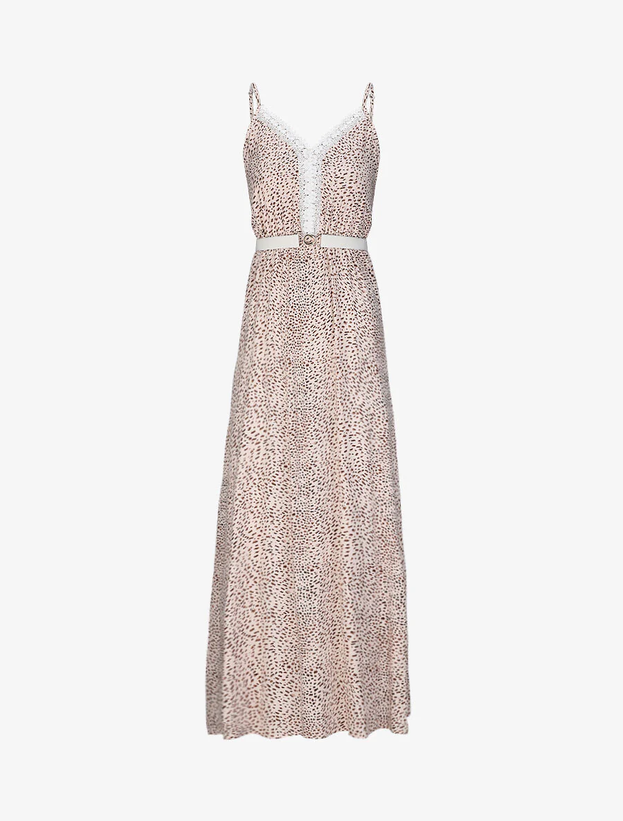 Lange glijdende jurk met kanten kraag en gespikkeld print - Beige