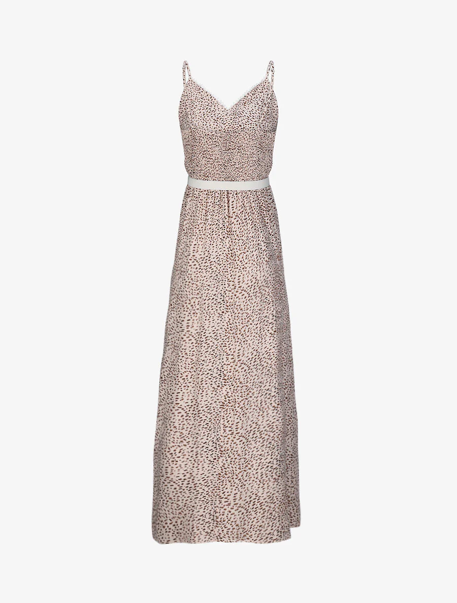 Lange glijdende jurk met kanten kraag en gespikkeld print - Beige - Image 2