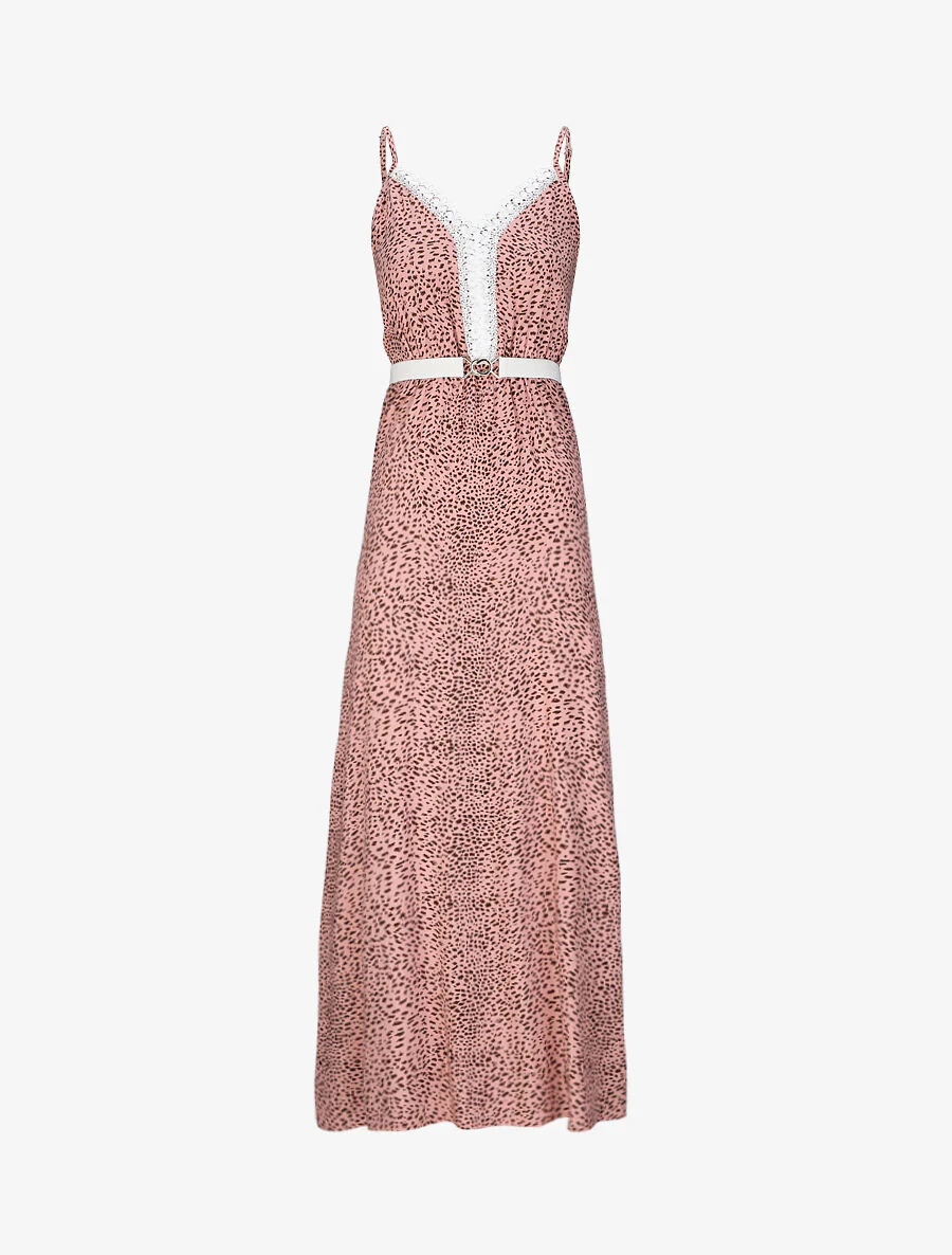 Lange glijdende jurk met kanten kraag en gespikkeld print - Roze