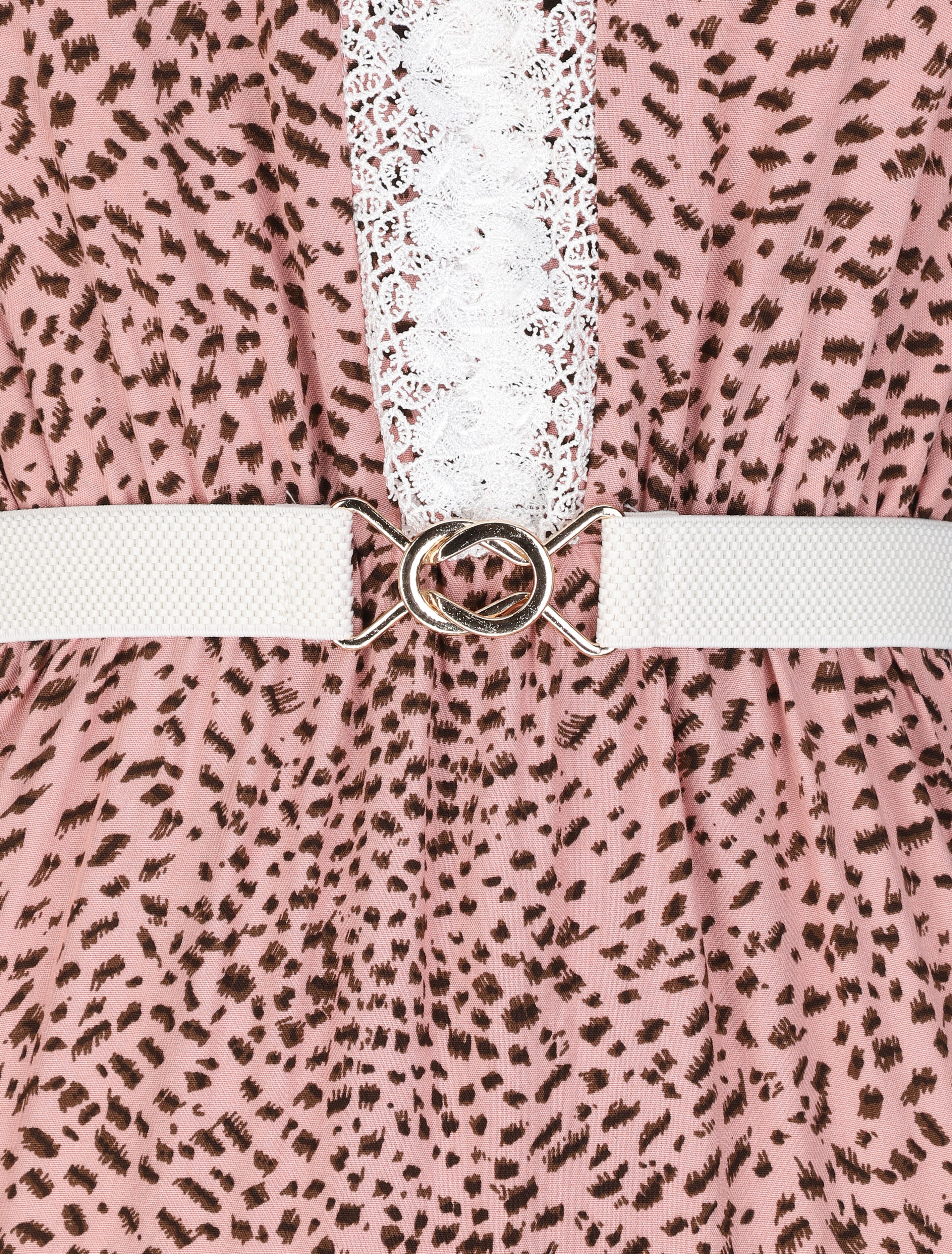Lange glijdende jurk met kanten kraag en gespikkeld print - Roze - Image 3