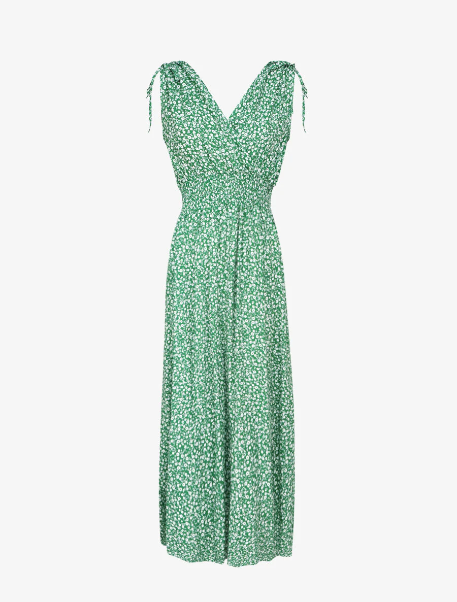 Lange getailleerde jurk met kleine bloemenprint - Groen
