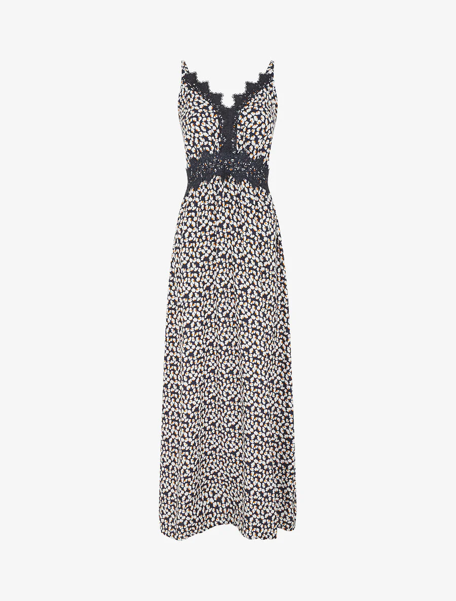 Lange jurk bloemen met borduurdetails - Marineblauw
