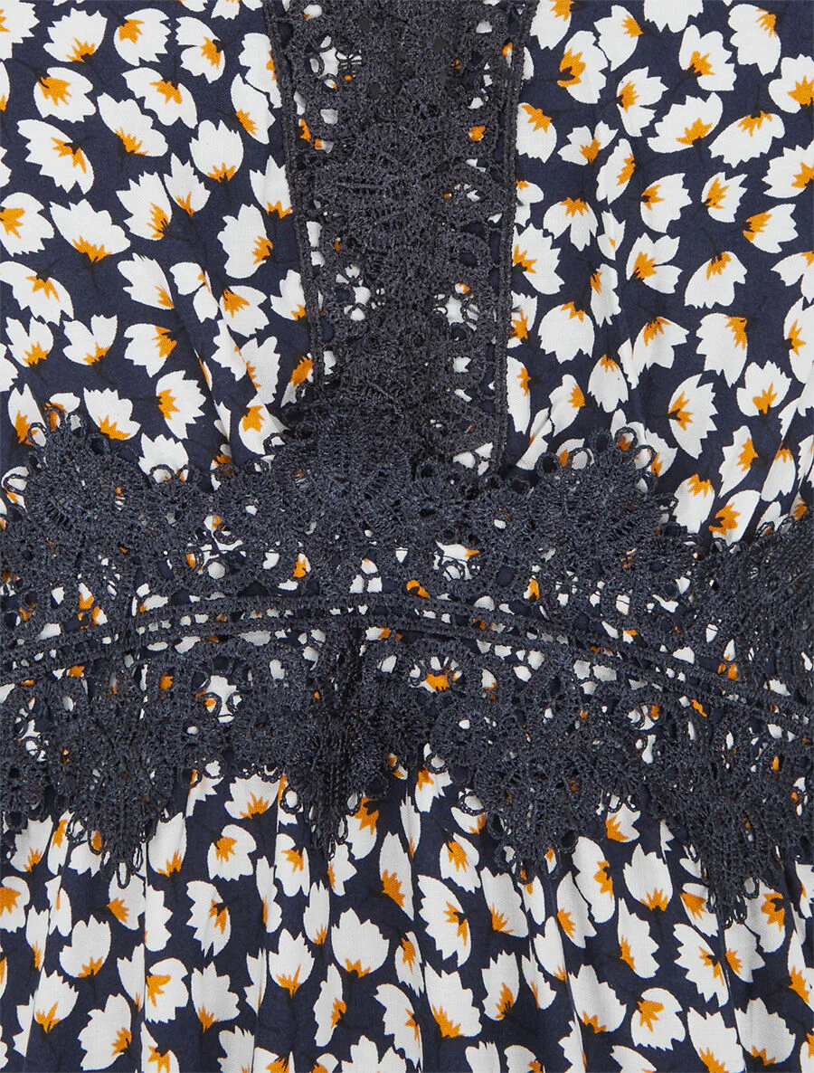 Lange jurk bloemen met borduurdetails - Marineblauw - Image 3